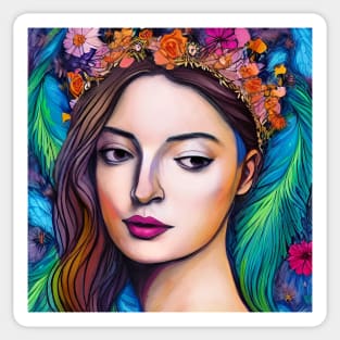 Woman in Floral and Feather Crown / Headdress Sticker